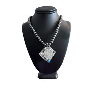 Kingman Turquoise Sterling Silver Buffalo Nickel Pendent On 24” 6mm Faux Chain